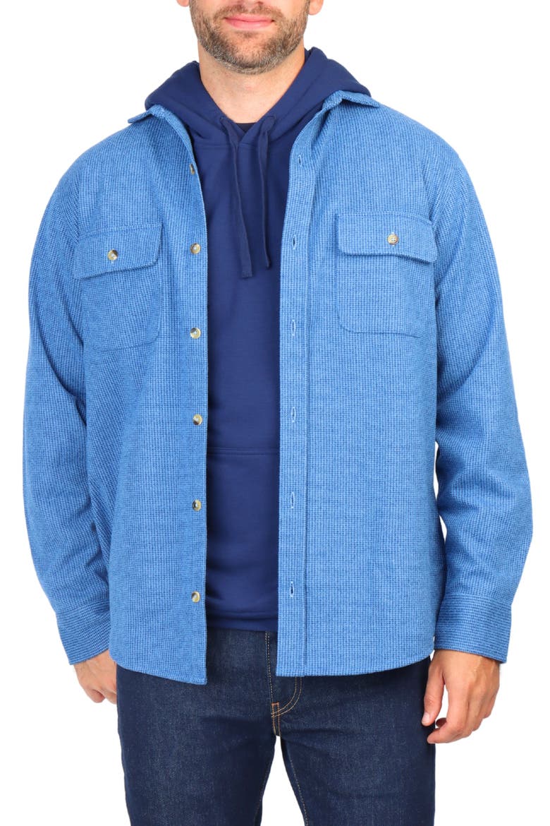 Micro Houndstooth Overshirt with Faux Suede Trim, Alternate, color, BLUE