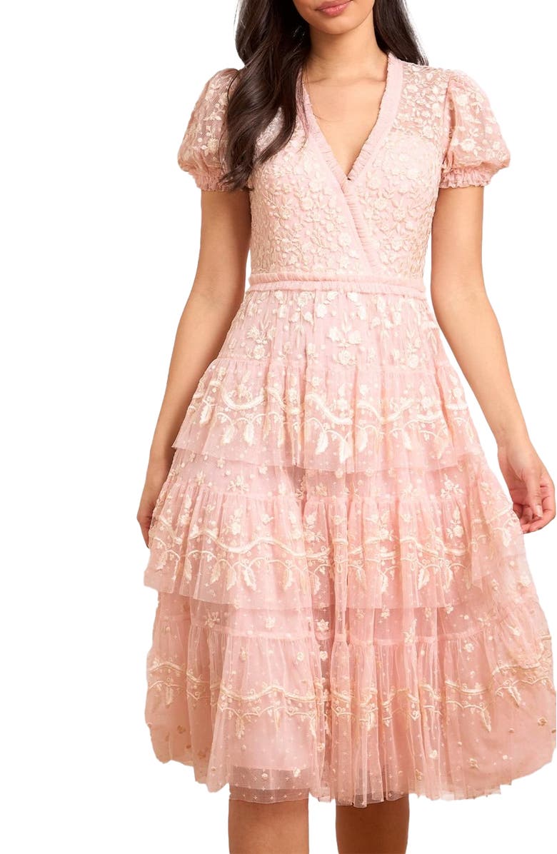 Needle & Thread Layered Lace V-Neck Midi Dress, Alternate, color, Dusk Pink/ Cream