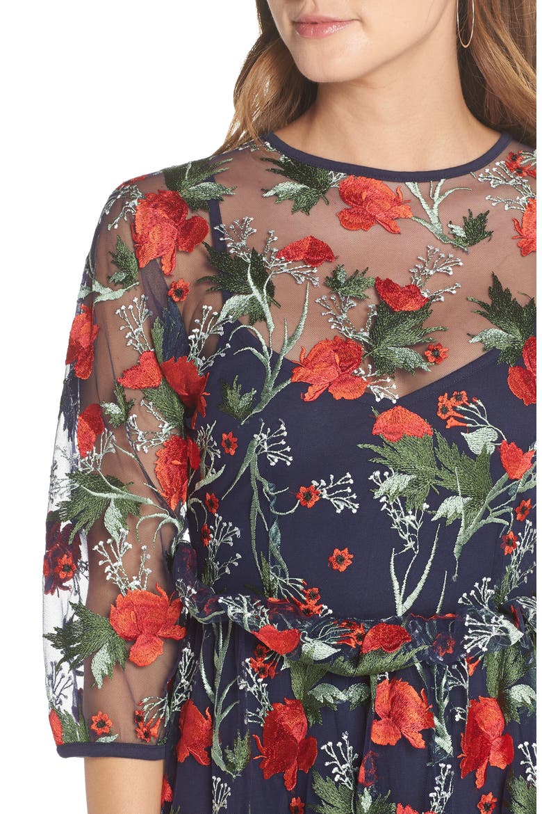 Embroidered Mesh Fit & Flare Dress, Alternate, color, RED FLORAL