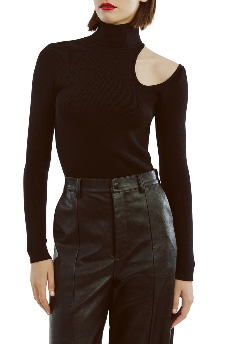 Olesa Asymmetric Turtleneck Top, Main, color, BLACK