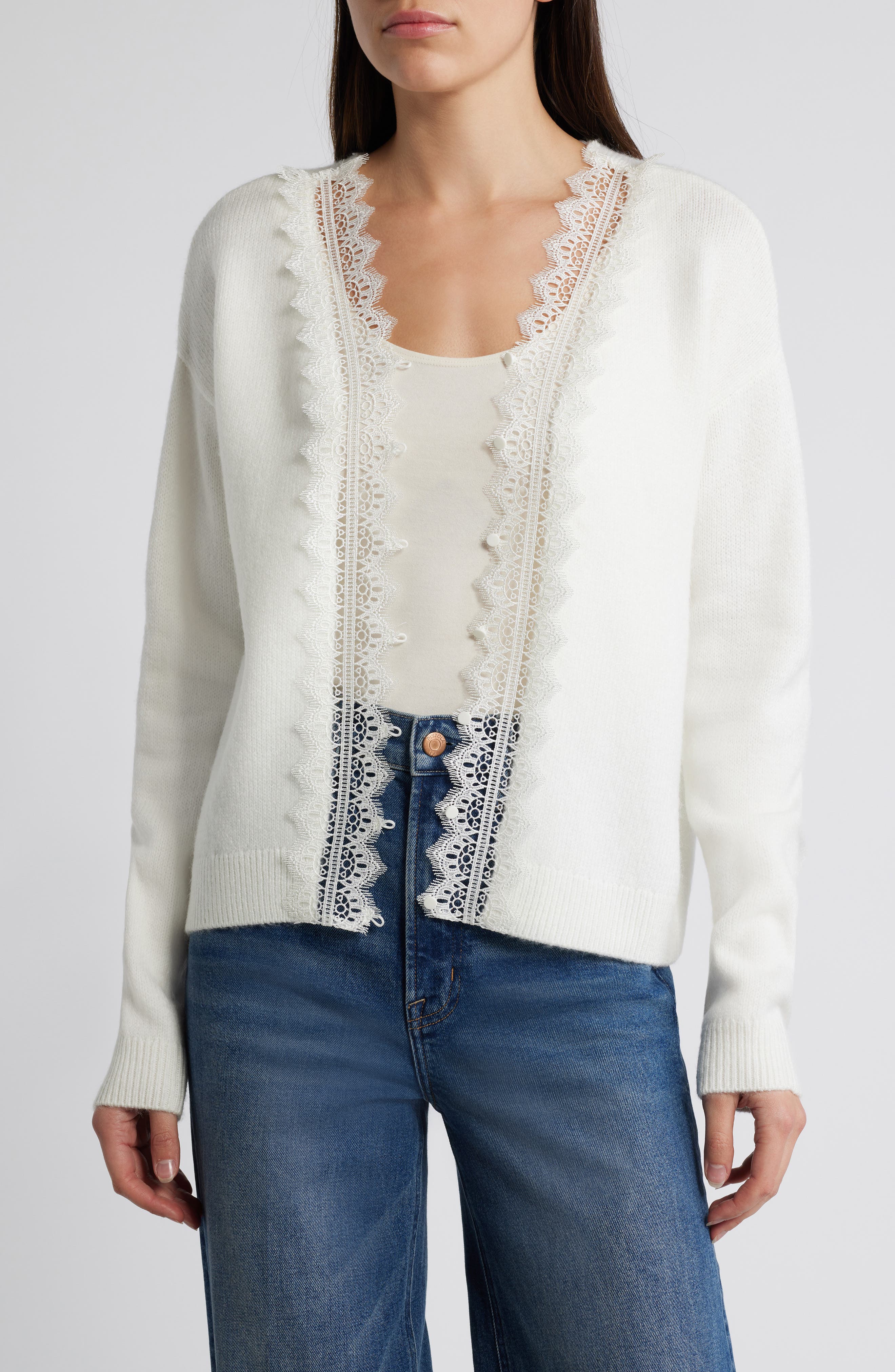 1.STATE Lace Detail V-Neck Sweater in Antique White 