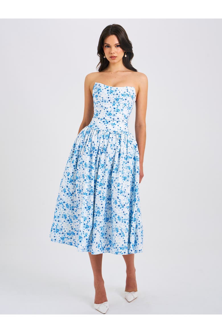 Paloma Linen Corset Draping Top Midi Dress, Alternate, color, Blue Print