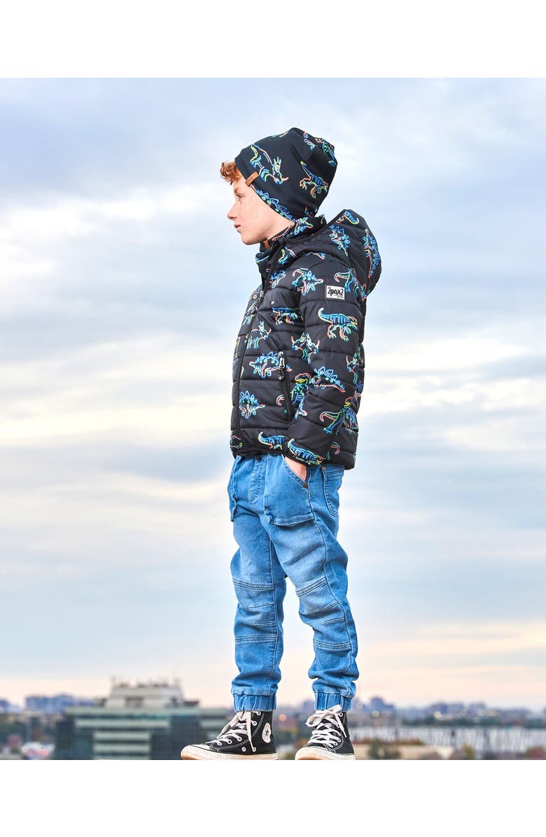 Deux par Deux Boy's Mid-Season Jersey Neckwarmer Black Printed Neon Dino, Alternate, color, 