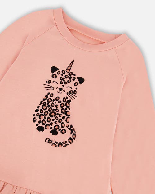 Deux Par Deux Long Bi-material Top With Mesh Ruffle Hem And Leopard In Pink