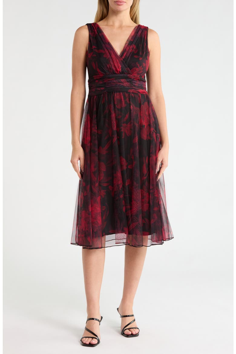 Mesh Overlay Midi Dress, Main, color, RUBY