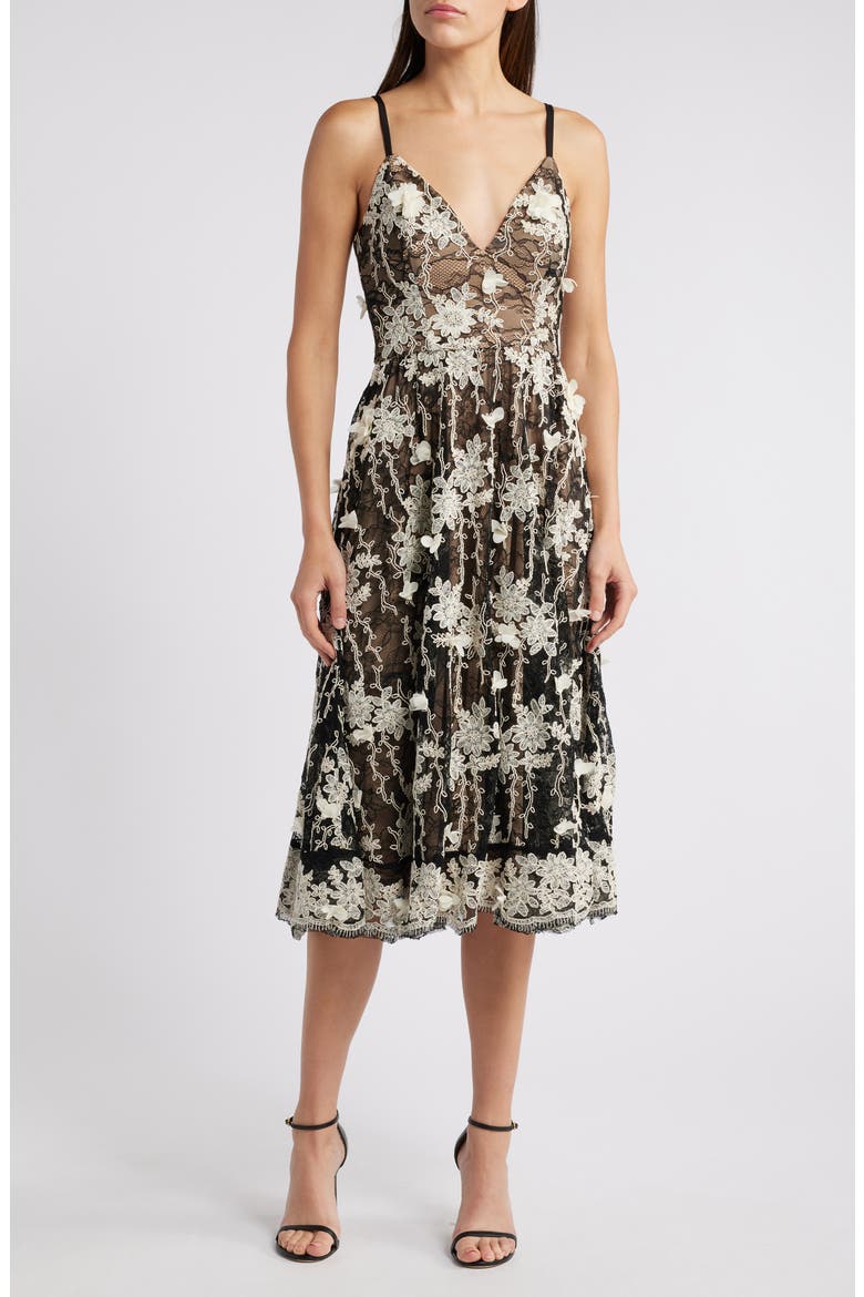 Tahani Embroidered Lace Cocktail Midi Dress, Main, color, BLACK-WHITE
