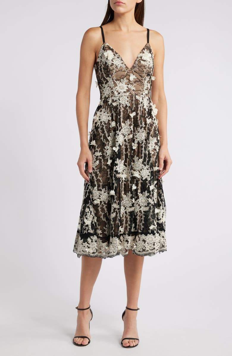 Dress the Population Tahani Embroidered Lace Cocktail Midi Dress, Main, color, Black-White
