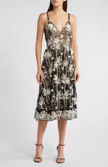 Dress the Population Tahani Embroidered Lace Cocktail Midi Dress