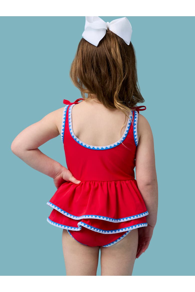 UPF50+ Crochet Detail Peplum One Piece Swimsuit, Alternate, color, Vintage Red
