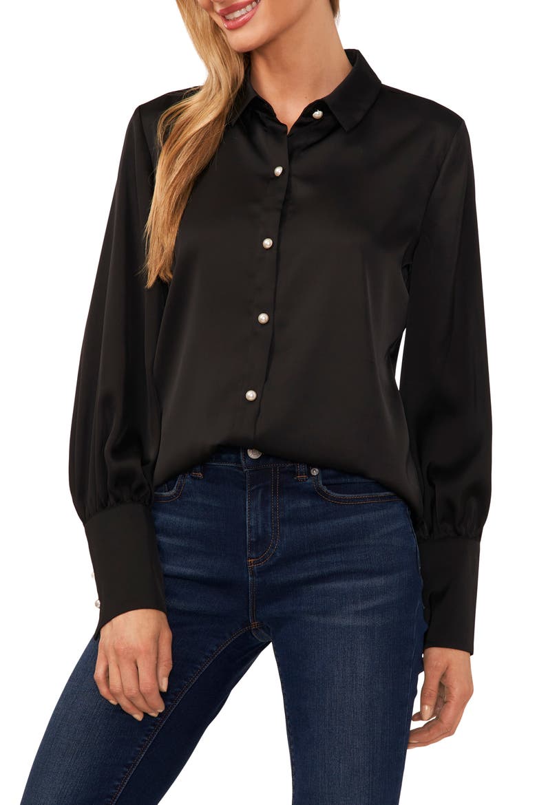 Satin Button-Up Shirt, Main, color, RICH BLACK
