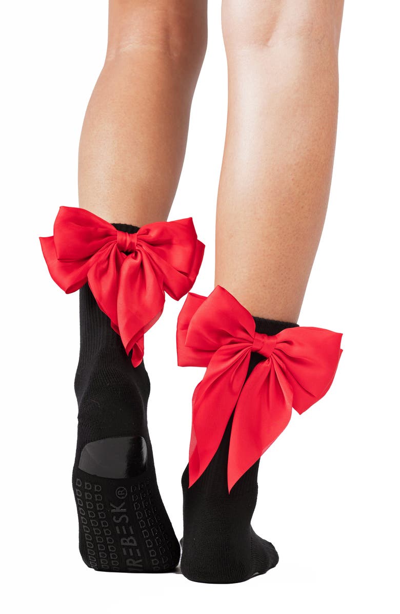 Arebesk Anna Bow No-Slip Grip Crew Socks, Alternate, color, Black