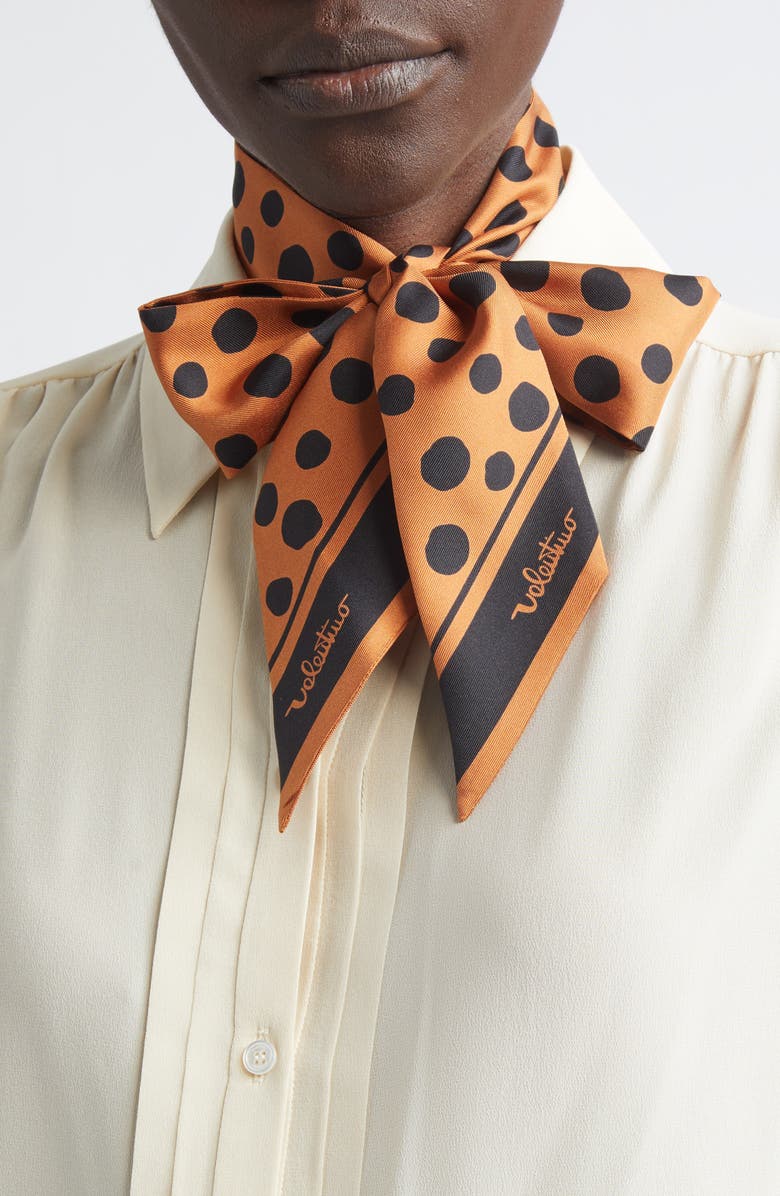 Valentino Garavani Dalmatian Polka Dot Silk Skinny Scarf, Alternate, color, Orange