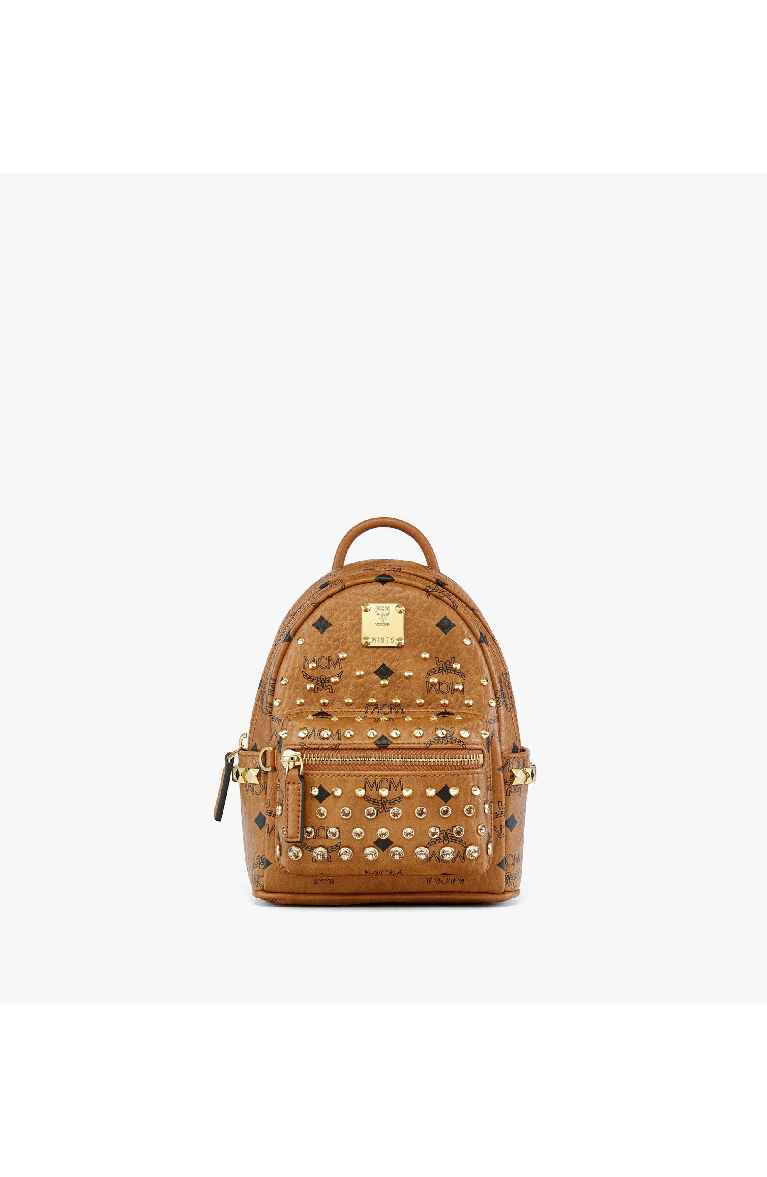 X-Mini Stark Bebe Boo Backpack in Gold Crystal Visetos, Main, color, Cognac