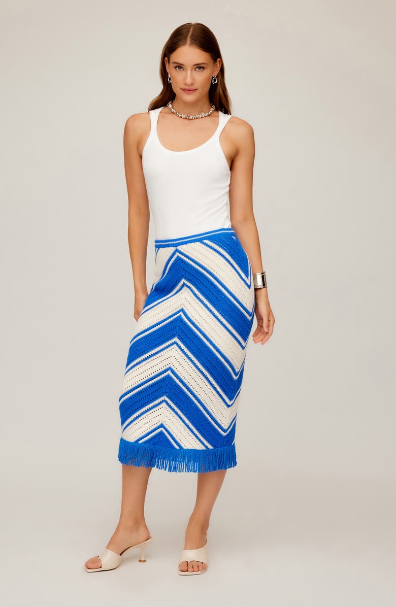 FIFTEEN TWENTY Amber Fringe Crochet Midi Skirt, Alternate, color, Blue