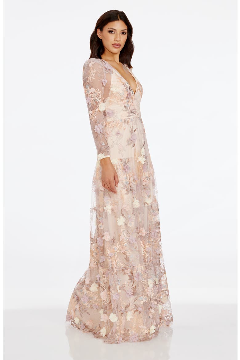 Angelina Floral Embroidery Long Sleeve Gown, Alternate, color, CREAM MULTI
