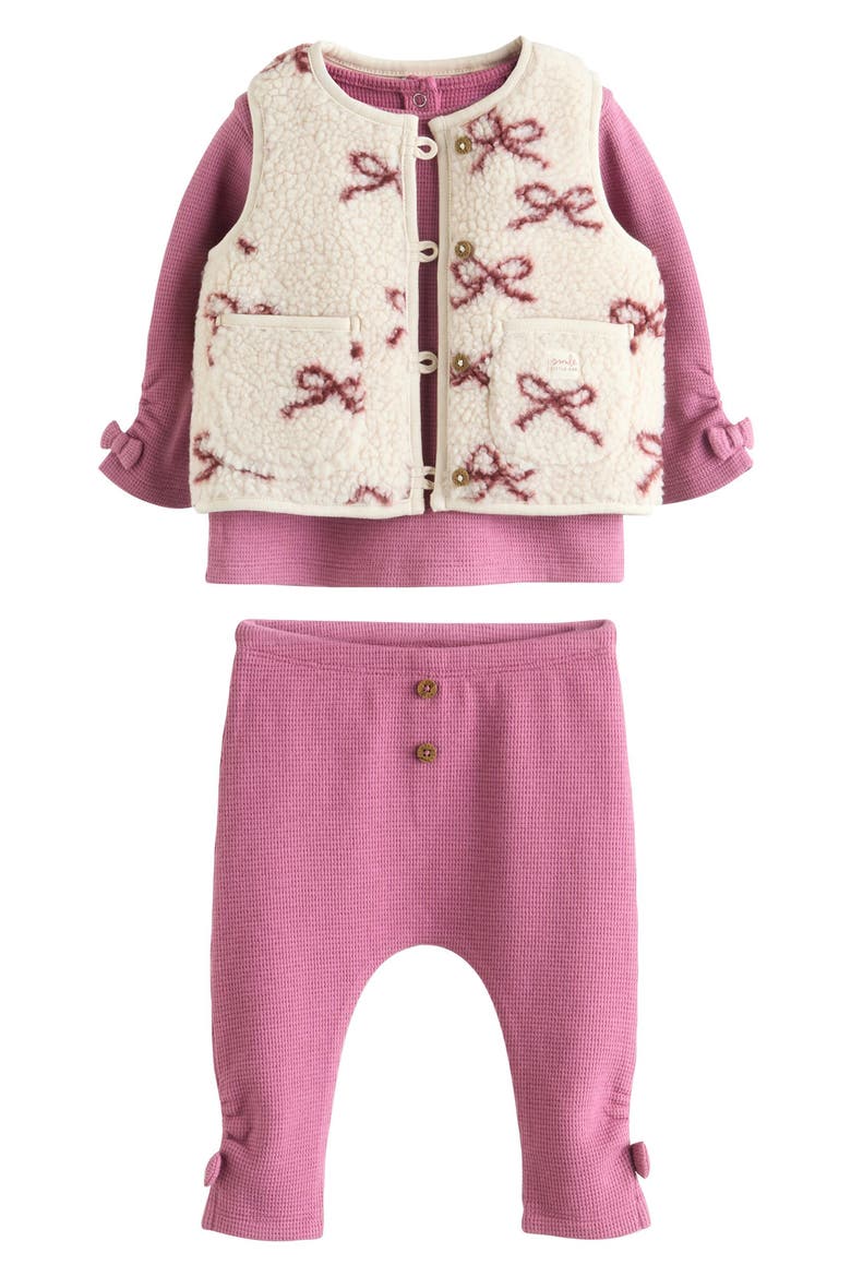 Bow Print Fleece Vest, Waffle Knit Top and Waffle Knit Leggings Set, Main, color, RED