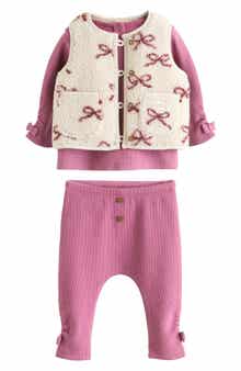NEXT Bow Print Fleece Vest, Waffle Knit Top and Waffle Knit Leggings Set