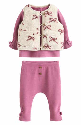 NEXT Bow Print Fleece Vest, Waffle Knit Top and Waffle Knit Leggings Set