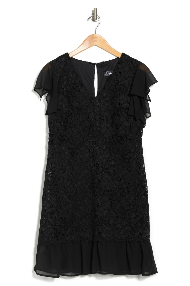 Flutter Sleeve Lace & Chiffon Dress, Alternate, color, BLACK