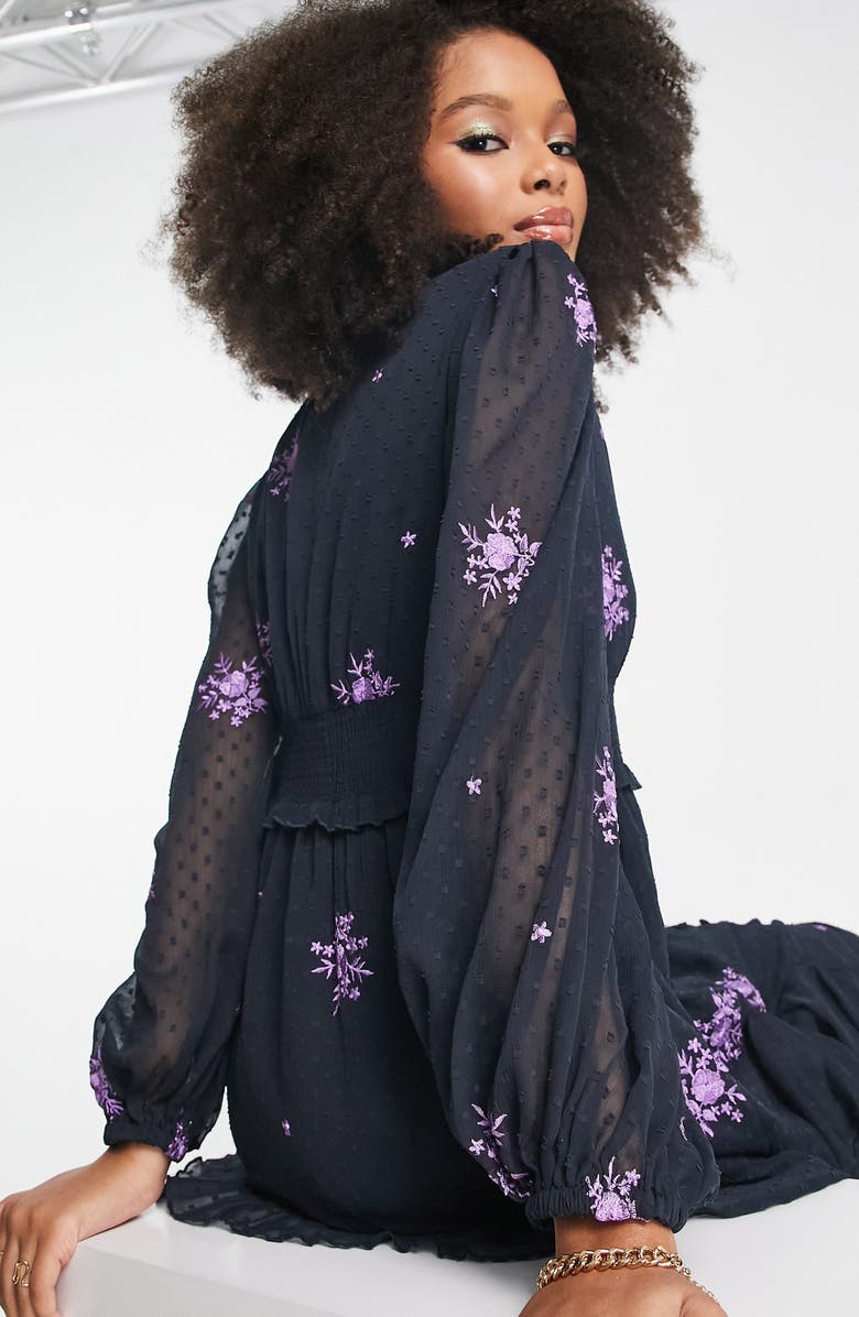 ASOS DESIGN Floral Embroidered Long Sleeve Midi Dress, Alternate, color, 