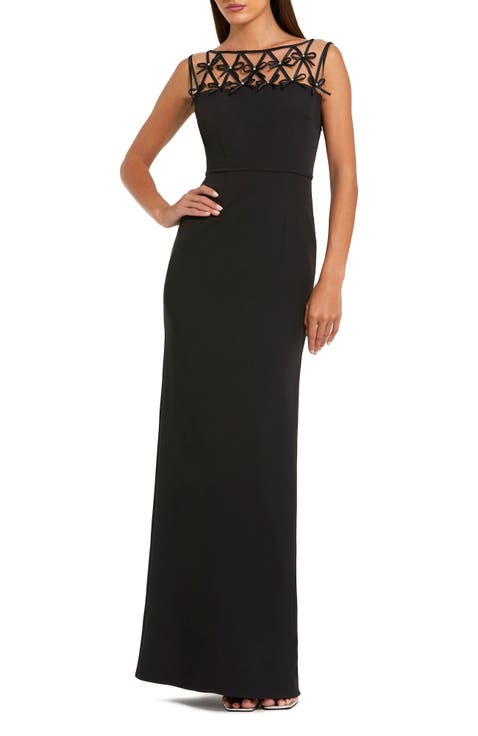 Black Sleeveless Crepe Gown With Embellished Bows