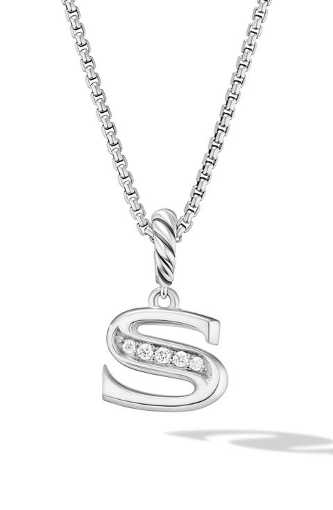 Pavé Initial Pendant Necklace in Sterling Silver with Diamond