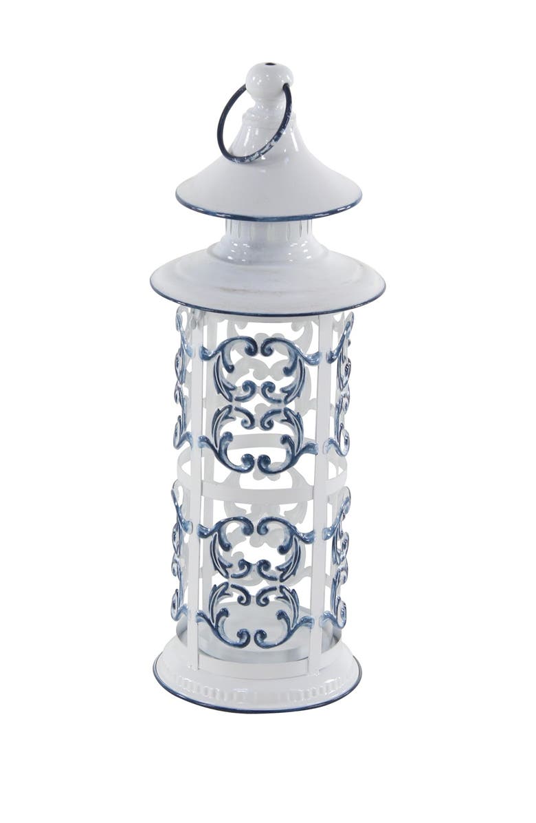 SONOMA SAGE HOME Large Cylindrical French Country Blue & White Metal Lantern w/ Finial and Ring - 7" x 20", Alternate, color, 