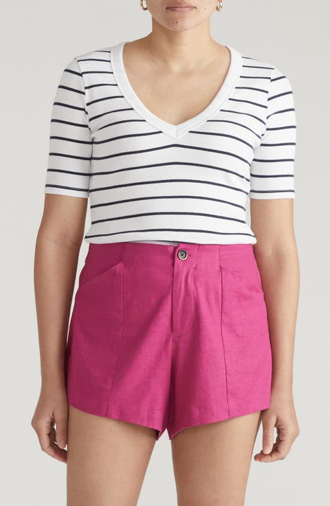 V-Neck Elbow Sleeve Cotton T-Shirt (Plus)