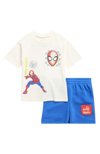 Happy Threads Kids' Spider-man Graphic T-shirt & Fleece Shorts Set In White
