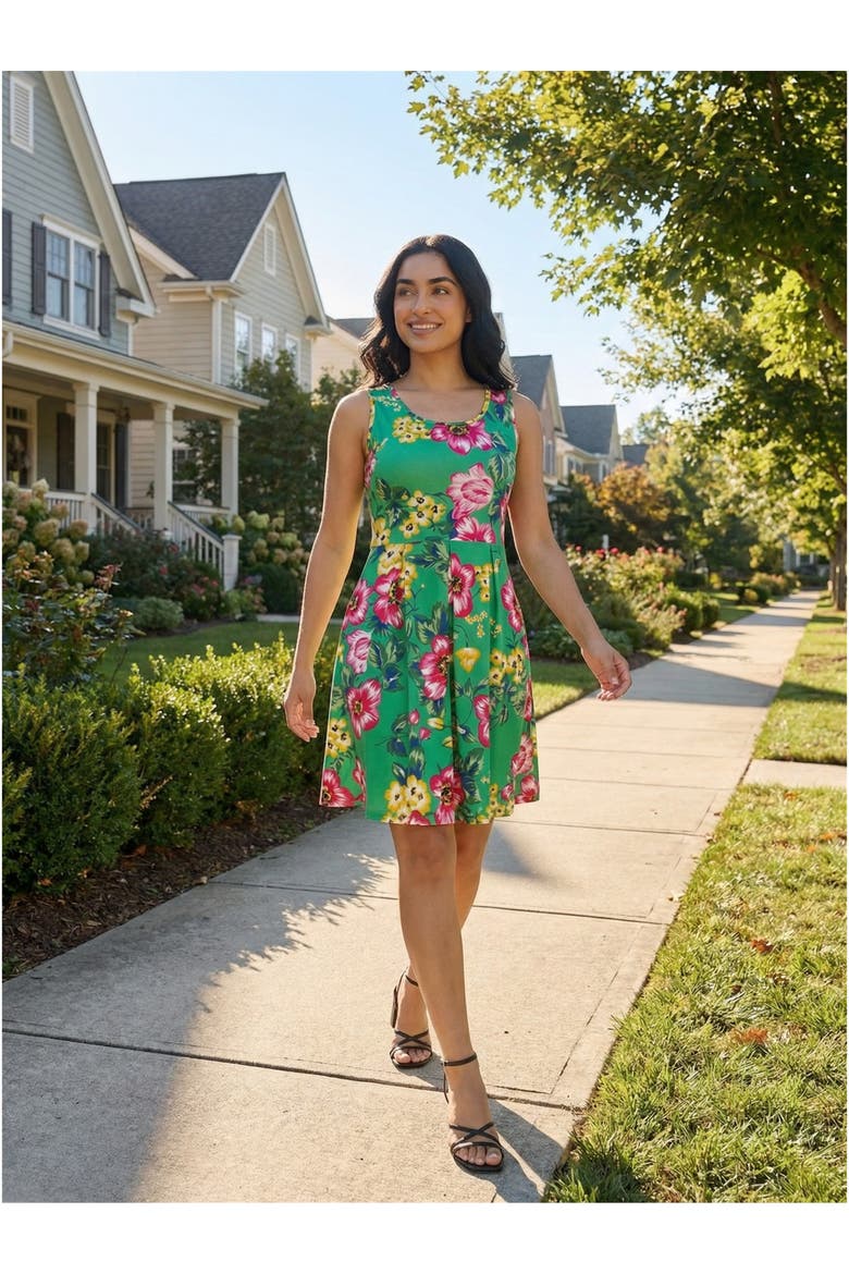 Essential Petite Floral Sleeveless Pleated Pocket Fit N Flare Dress, Alternate, color, Green Multi