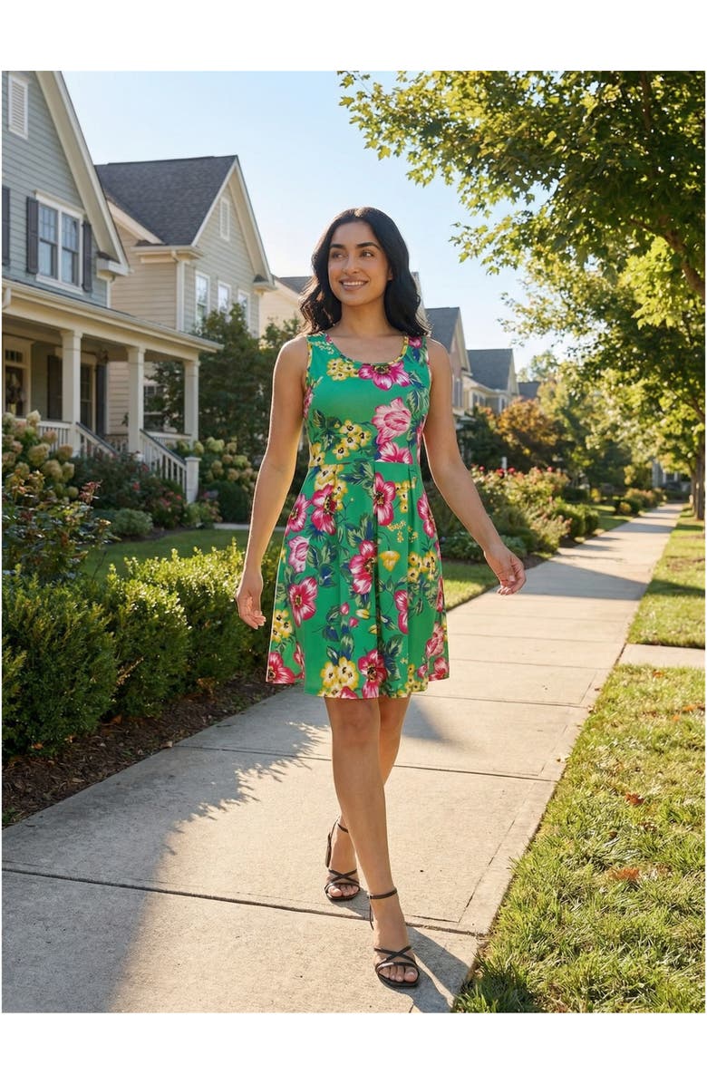 24seven Comfort Apparel Essential Petite Floral Sleeveless Pleated Pocket Fit N Flare Dress, Alternate, color, Green Multi