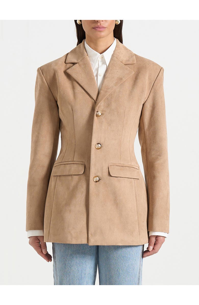 Manière De Voir Claire Suede Wide Shoulder Cinch Waist Blazer, Alternate, color, Beige