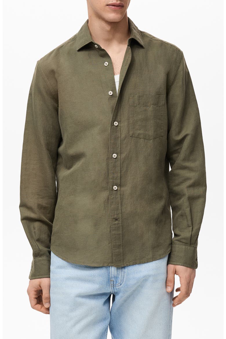 Classic Fit Linen & Cotton Button-Up Shirt, Main, color, KHAKI GREEN
