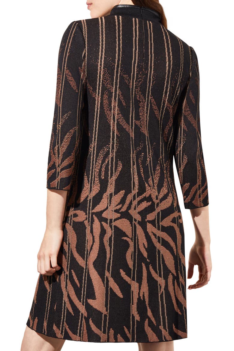 Faux Leather Trim Jacquard Sweater Dress, Alternate, color, BLACK/ CHESTNUT/ CAMEL
