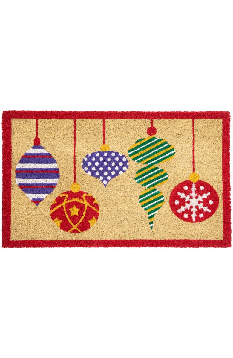 Northlight Tan Brown and Red Christmas Ornaments Coir Outdoor Doormat 18" x 30", Main, color, Brown