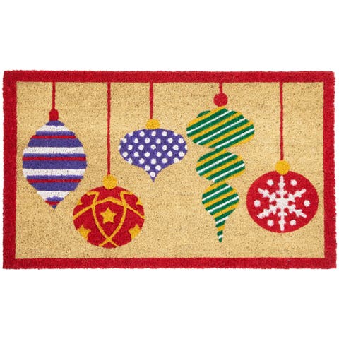 Tan Brown and Red Christmas Ornaments Coir Outdoor Doormat 18" x 30"