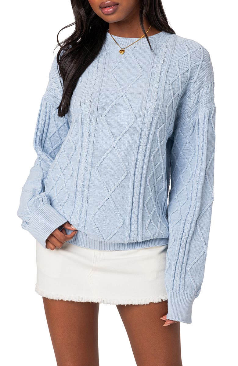 EDIKTED Jessy Cable Stitch Oversize Sweater, Main, color, Light-Blue