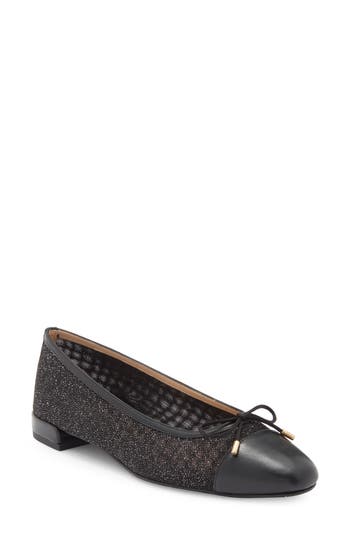 Stuart Weitzman Sleek Cap Toe Bow Flat In Black