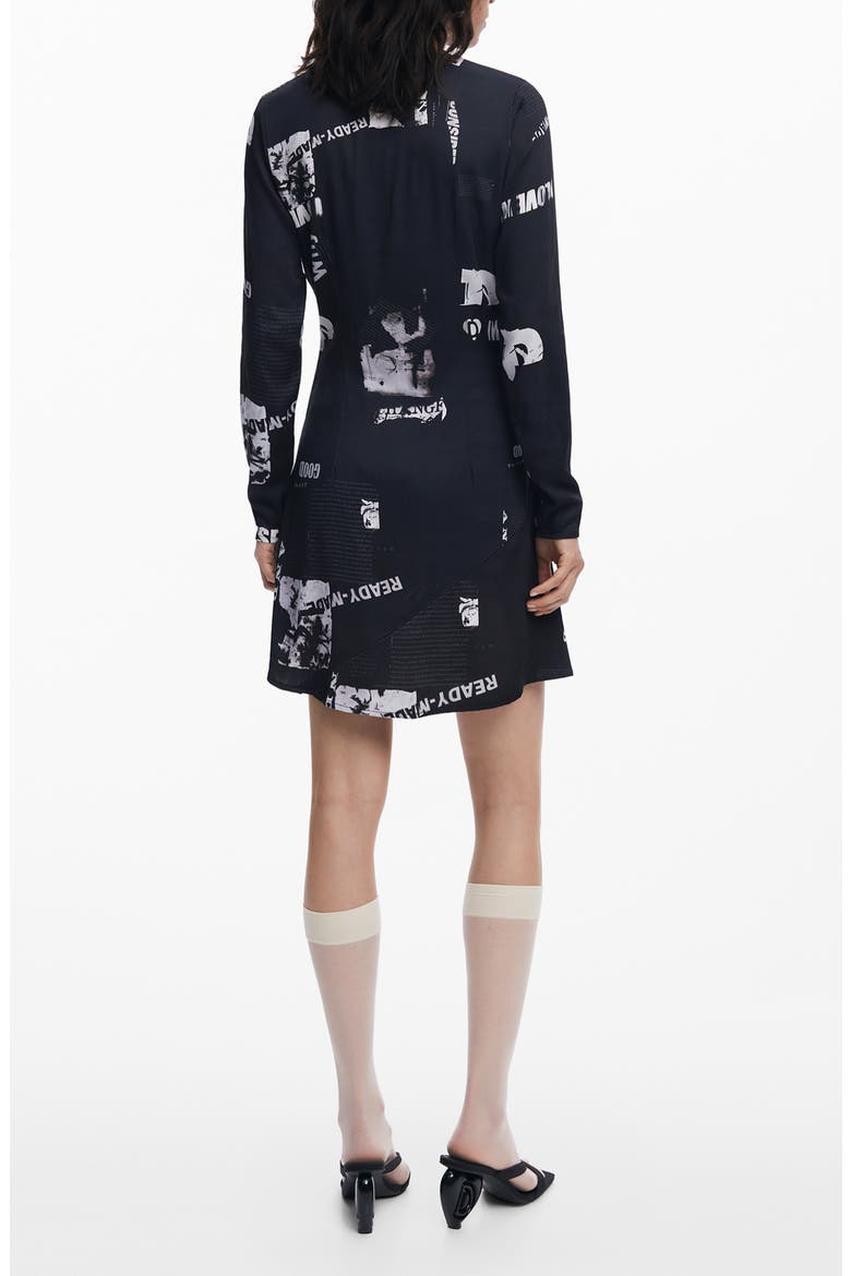 Newspaper Print Long Sleeve Dress, Alternate, color, BLACK