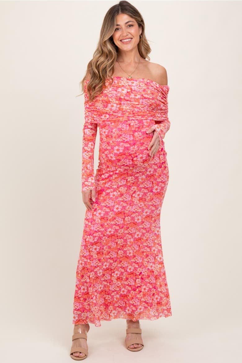 Floral Mesh Off Shoulder Long Sleeve Maxi Dress, Main, color, Fuschia