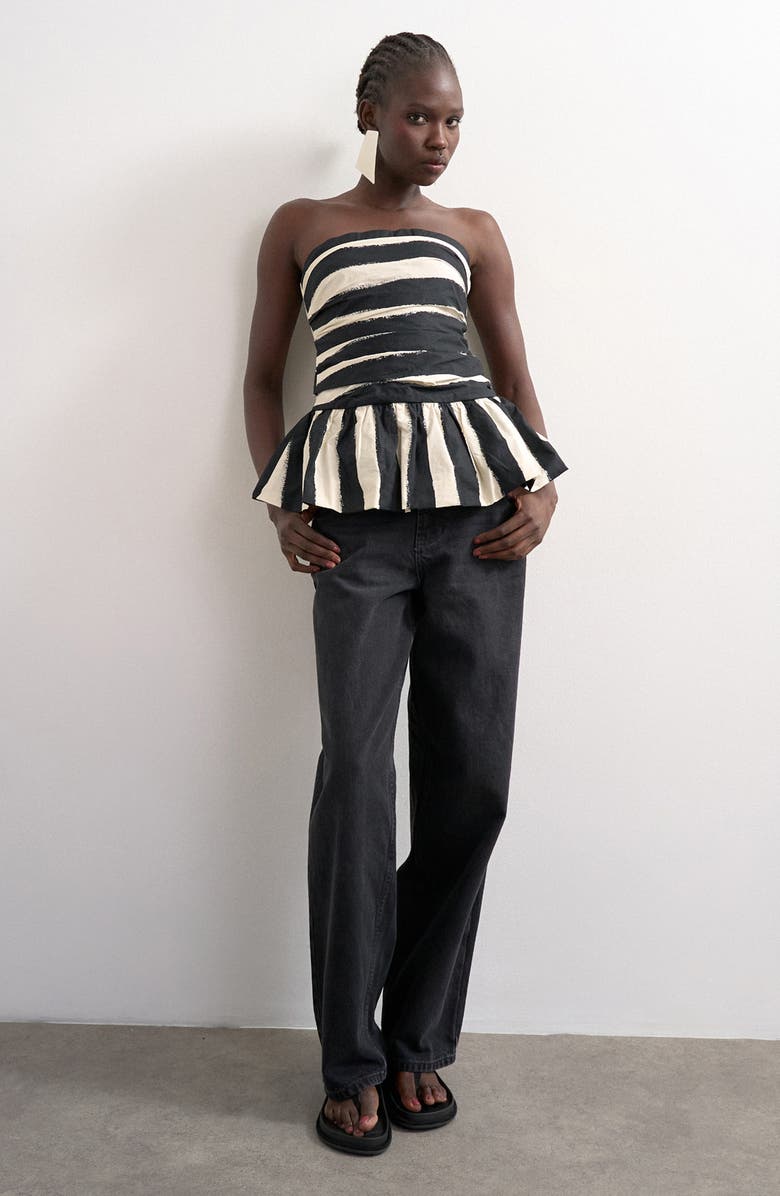 Topshop Gathered Strapless Peplum Top, Alternate, color, Black