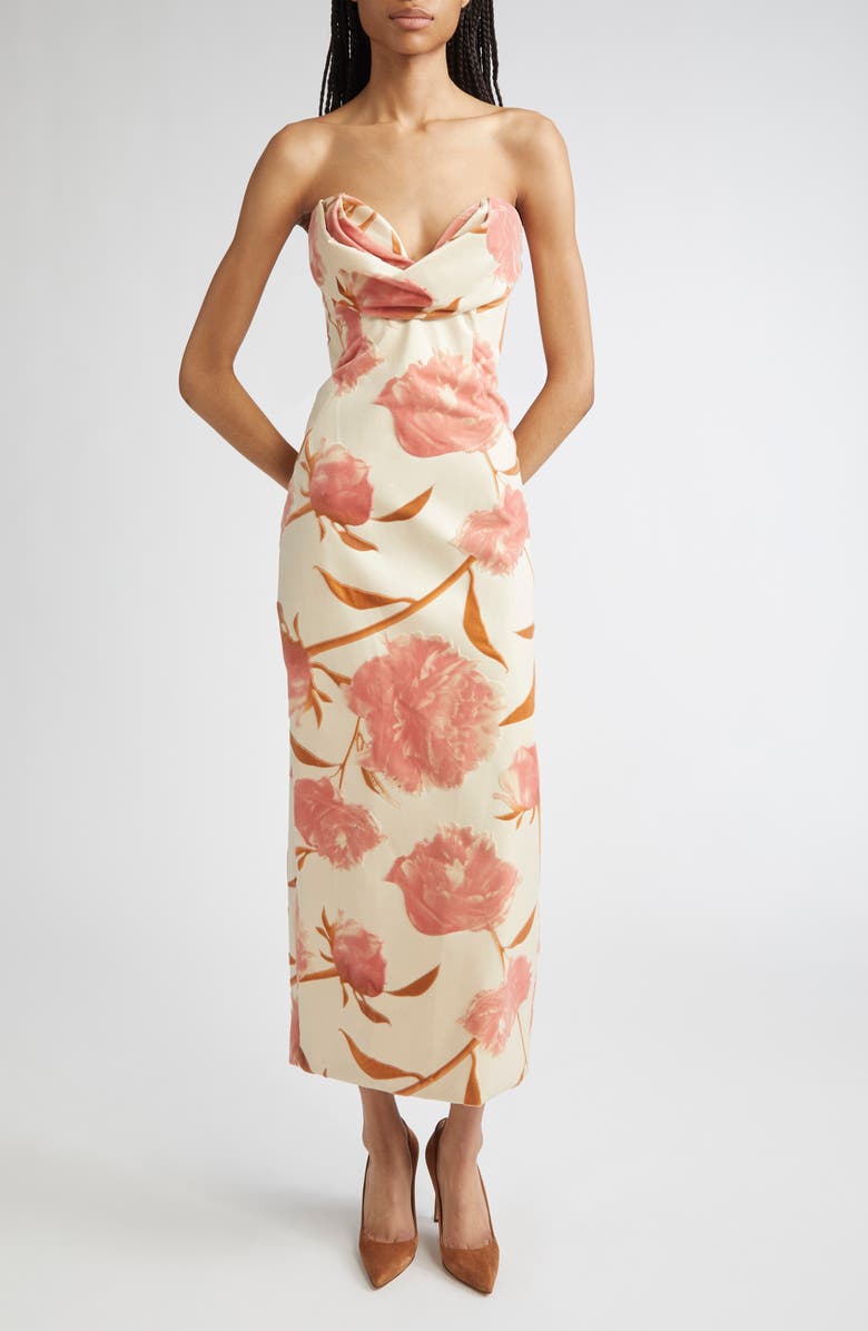 Lela Rose Peony Print Draped Cotton Strapless Dress, Main, color, Pink Multi