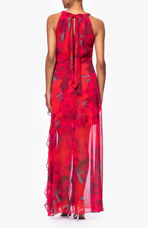 BETSY & ADAM BETSY & ADAM RED ROSE & METALLIC STRIPE SLEEVELESS GOWN 