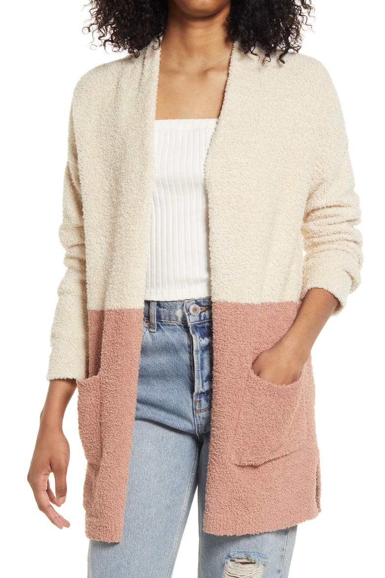 Cozy Color Block Cardigan, Main, color, CINNABAR/TAUPE