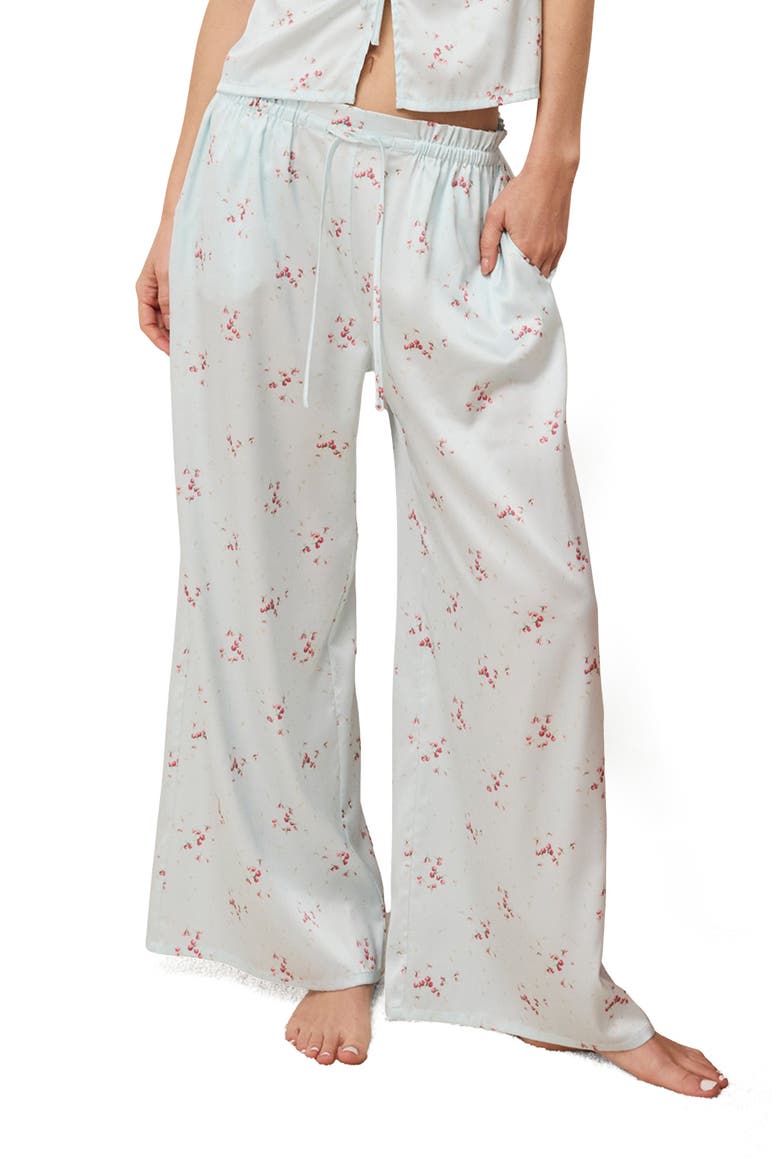 Fiocco Floral Print Satin Pajama Pants, Main, color, IMP BLUE GREEN.