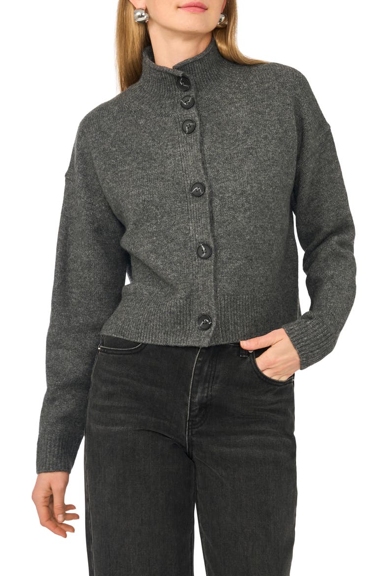 Button Mock Neck Cardigan, Main, color, MEDIUM HEATHER GREY
