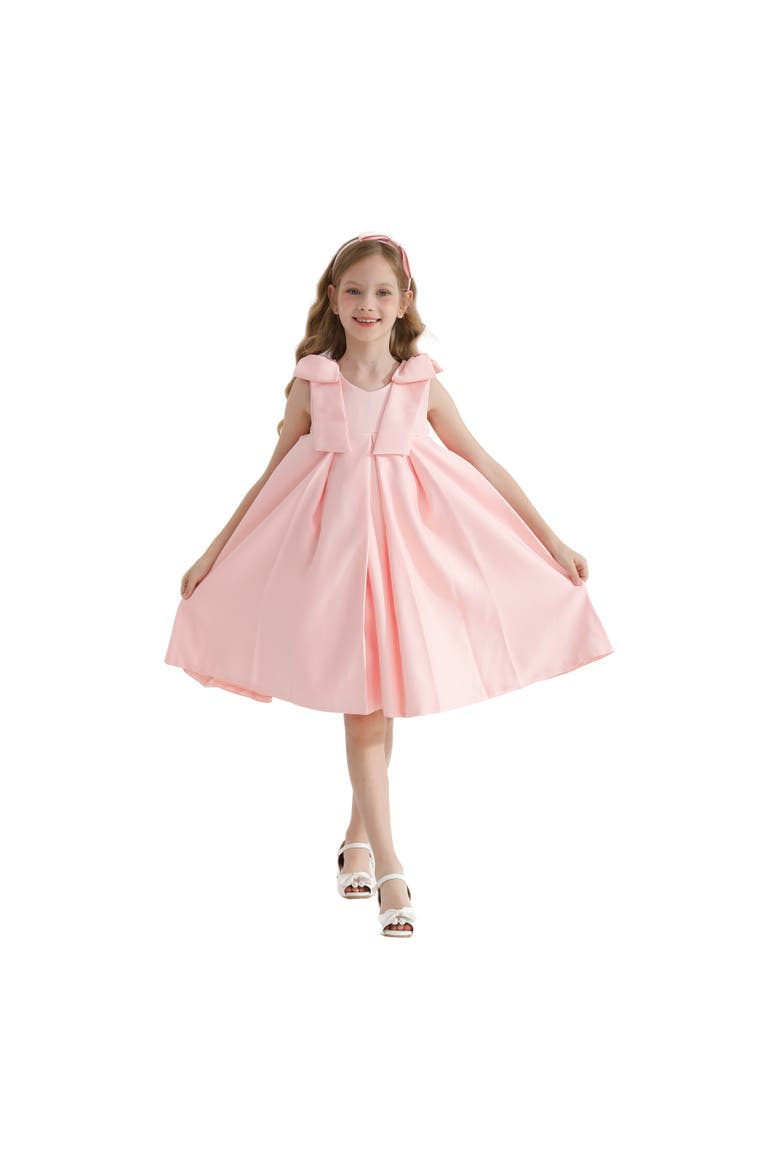 Palermo Satin Bow Pleated Dress, Alternate, color, Pink