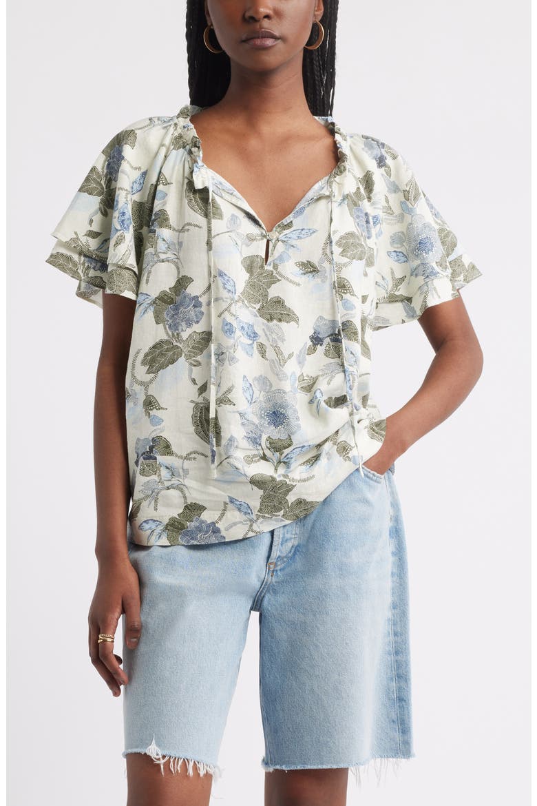 Shirred Botanical Print Linen Blend Top, Main, color, IVORY- OLIVE JACOBEAN BLOOM