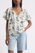 Treasure & Bond Shirred Botanical Print Linen Blend Top