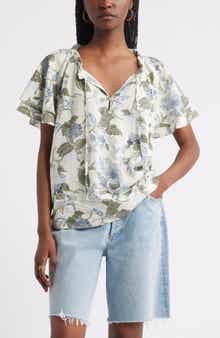 Treasure & Bond Shirred Botanical Print Linen Blend Top